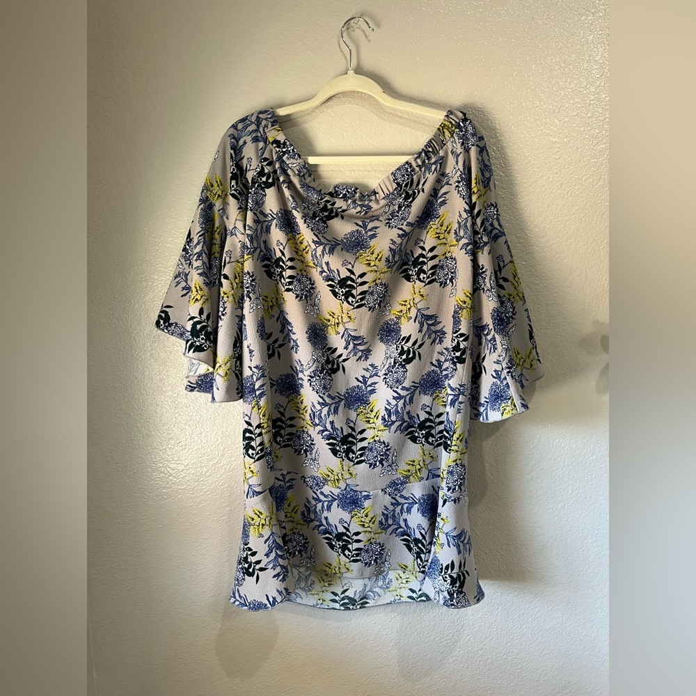 LOB Floral Gray Blue Yellow Off-Shoulder Mini Dress Sz 3 Vacay Beach TC0312 - Picture 4 of 7